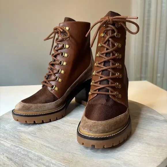 Tory Burch Miller Brown Suede Leather Lug Sole Boots Combat Boots US Size 7.5
